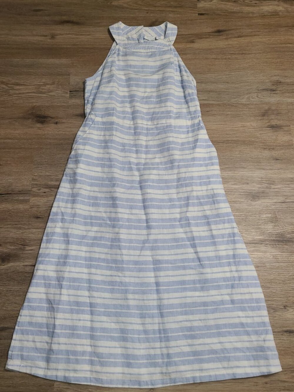 Sigrid Olsen size 8 Halter Dress Sleeveless 100% Linen Flare Striped Long/ Midi